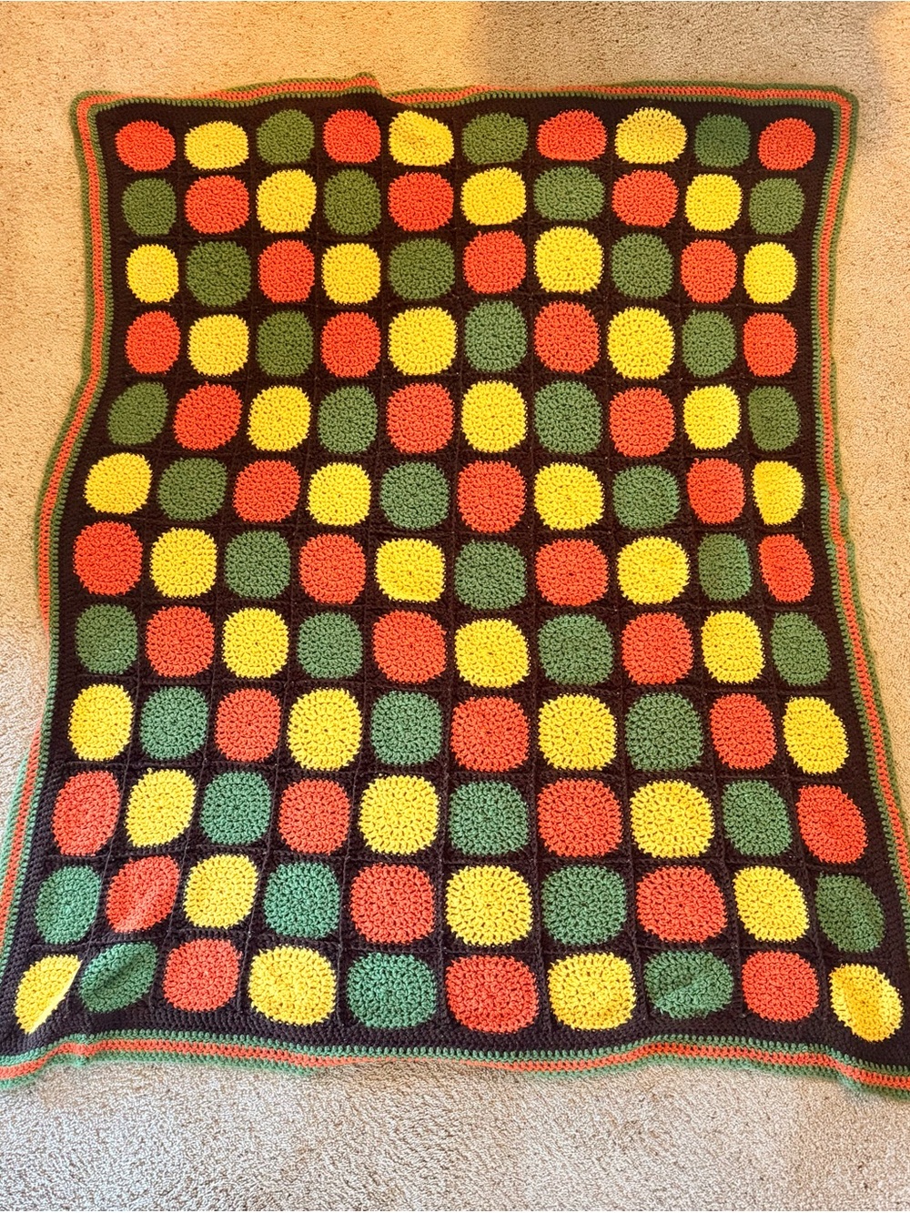 Handmade Crochet Throw Blanket in Green, Yellow & Orange by